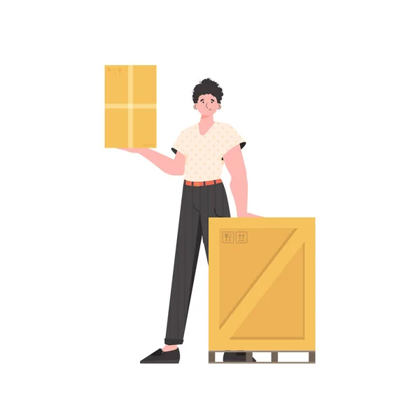 Man Stands Holds Parcel Delivery Concept Isolated White Background Vector — Archivo Imágenes Vectoriales