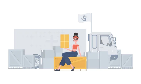 Woman Holding Box Concept Humanitarian Aid Flat Modern Design Vector — Image vectorielle
