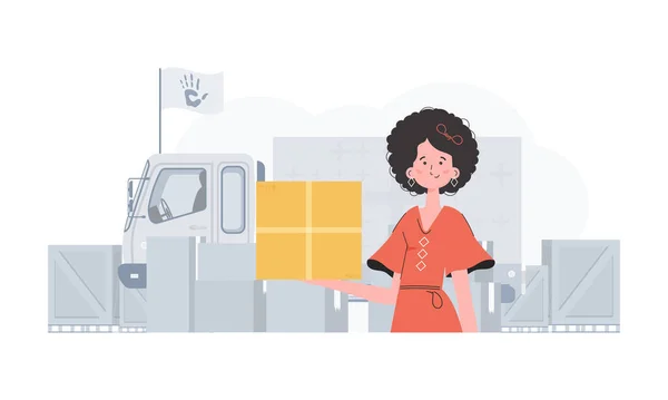 Woman Holding Box Theme Humanitarian Aid Trendy Style Vector Illustration — 图库矢量图片