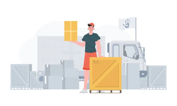 Man Holding Box Theme Humanitarian Aid Flat Modern Design Vector — Stockvektor