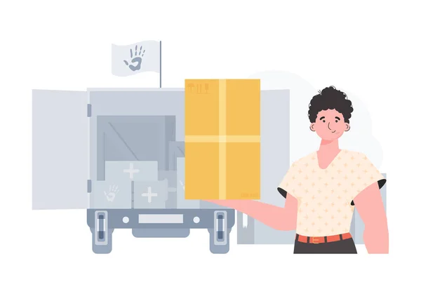 Man Holding Box Concept Humanitarian Aid Trendy Style Vector Illustration — Stok Vektör