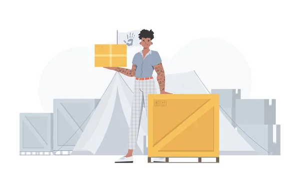 Man Holding Box Theme Humanitarian Aid Trendy Style Vector Illustration — Διανυσματικό Αρχείο