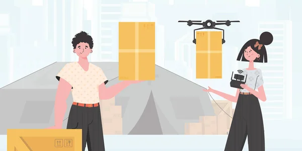 Theme Humanitarian Aid Drone Transporting Parcel Man Woman Cardboard Boxes — Stok Vektör