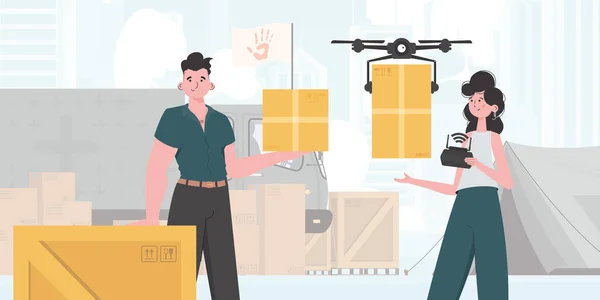 Theme Humanitarian Aid Quadcopter Transporting Parcel Man Woman Cardboard Boxes — Stok Vektör