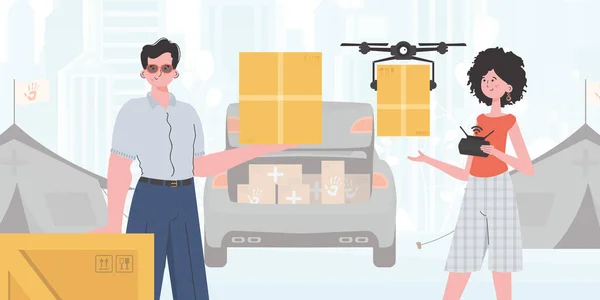 Theme Humanitarian Aid Drone Transporting Parcel Man Woman Cardboard Boxes — Stockvector