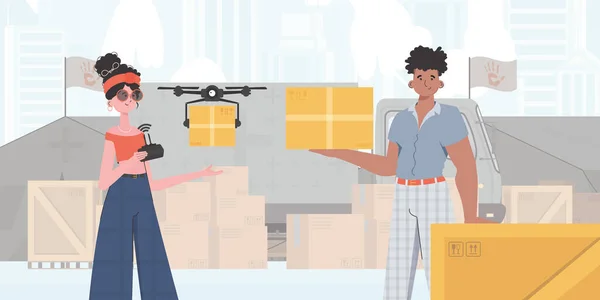 Theme Humanitarian Aid Drone Transporting Parcel Man Woman Cardboard Boxes —  Vetores de Stock
