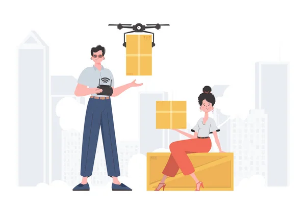 Delivery Theme Quadcopter Transporting Parcel Man Woman Cardboard Boxes Vector — Vetor de Stock