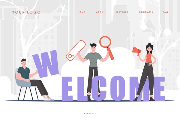 Welcome Landing Page Diverse Team People Website Start Page Trendy — Stockvector