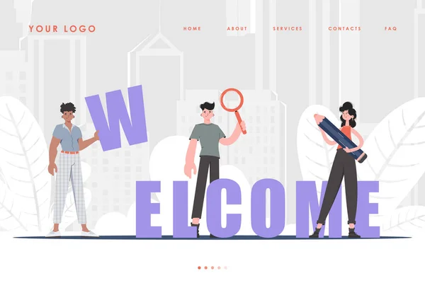 Welcome Landing Page Diverse Team People Website Start Page Trendy — Stockvector