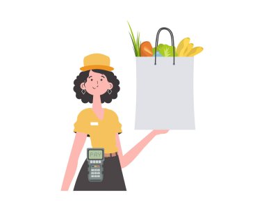 A woman is holding a grocery bag. Home delivery concept. Isolated. trendy style. Vector.