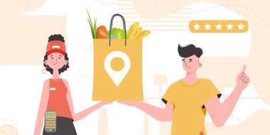 Home products. Food delivery. Woman courier delivers a package with products. trendy style. Vector.