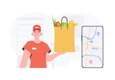 Delivery concept. A man delivers a package of products. trendy style. Vector.