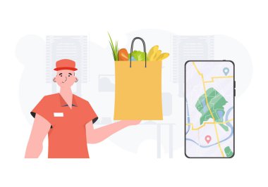 Delivery concept. A man delivers a package of products. Trendy flat style. Vector.