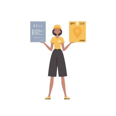 A woman courier is holding a parcel and a check. Delivery concept. Isolated. trendy style. Vector.