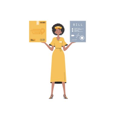 A woman courier is holding a parcel and a check. Delivery concept. Isolated. Trendy flat style. Vector.