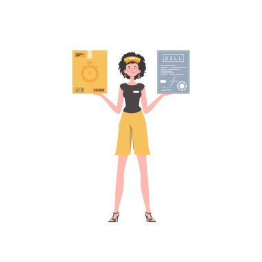 A woman courier is holding a parcel and a check. Home delivery concept. Isolated. Cartoon style. Vector.