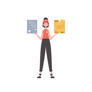 A woman courier is holding a parcel and a check. Delivery concept. Isolated. Cartoon style. Vector.