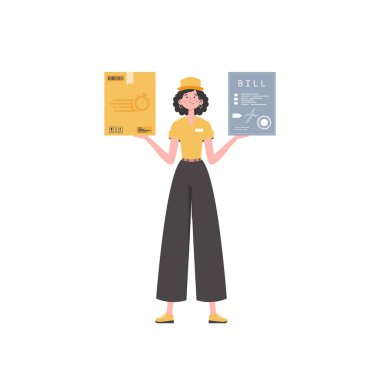 Woman courier delivers a parcel and issues an invoice. Home delivery concept. Isolated. trendy style. Vector.