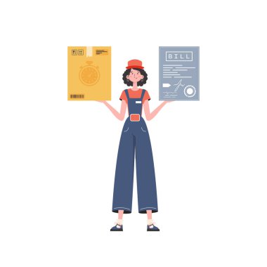 A woman courier is holding a parcel and a check. Home products. Food delivery. Isolated. trendy style. Vector.