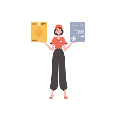 Woman courier delivers a parcel and issues an invoice. Home delivery concept. Isolated. Trendy flat style. Vector.