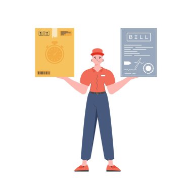 Male courier holds parcel and check. Home products. Food delivery. Isolated. Trendy flat style. Vector.