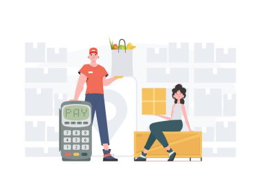 Food and parcel delivery people team. Ready made banner on the theme of home delivery of groceries. Cartoon style. Vector.