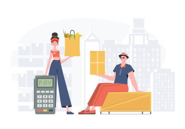 Home delivery concept. Delivery team. Finished banner. Trendy flat style. Vector.