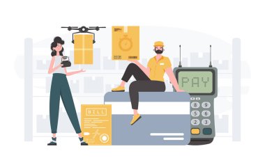 Delivery team. Home delivery concept. Finished poster. Trendy flat style. Vector.