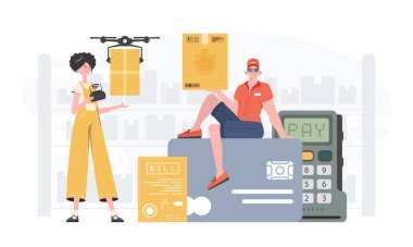 Delivery team. Home delivery concept. Finished poster. Cartoon style. Vector.