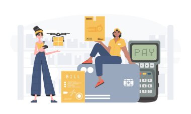 Delivery team. Home delivery concept. Finished banner. trendy style. Vector.