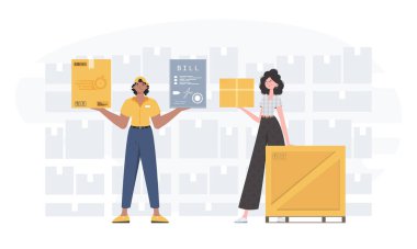 Ready made poster on the theme of home delivery of groceries. Delivery team. Cartoon style. Vector.