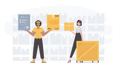 Ready made poster on the theme of home delivery of groceries. Delivery team. Trendy flat style. Vector.