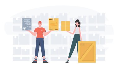 Ready made poster on the theme of home delivery of groceries. Food and parcel delivery people team. Cartoon style. Vector.