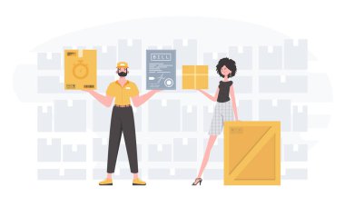 Ready made poster on the theme of home delivery of groceries. Food and parcel delivery people team. Trendy flat style. Vector.