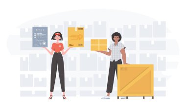 Ready made poster on the theme of delivery. Food and parcel delivery people team. Cartoon style. Vector.