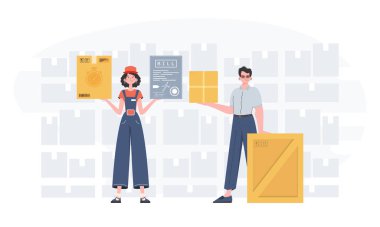 Ready made poster on the theme of delivery. Food and parcel delivery people team. Trendy flat style. Vector.