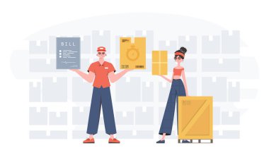 Ready made poster on the topic Products for the home. about food delivery. Food and parcel delivery people team. Trendy flat style. Vector.