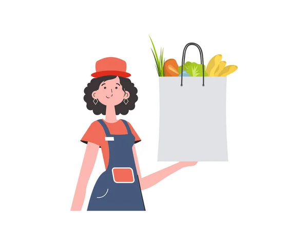 Woman Holding Grocery Bag Home Delivery Concept Isolated Trendy Flat — Stock Vector