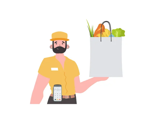 Man Delivers Package Products Delivery Concept Isolated Cartoon Style Vector — Stockvektor