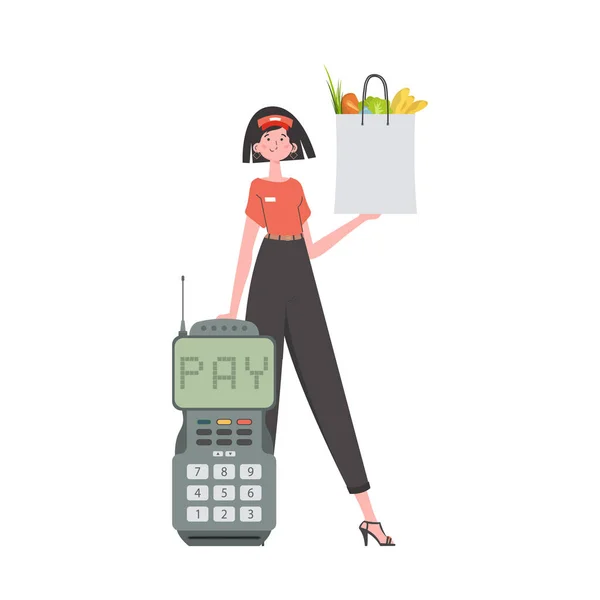 Woman Holding Grocery Bag Home Delivery Concept Isolated Cartoon Style — Stock Vector