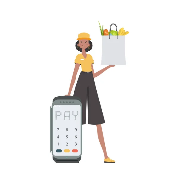 Woman Holding Grocery Bag Delivery Concept Isolated Trendy Flat Style — Archivo Imágenes Vectoriales