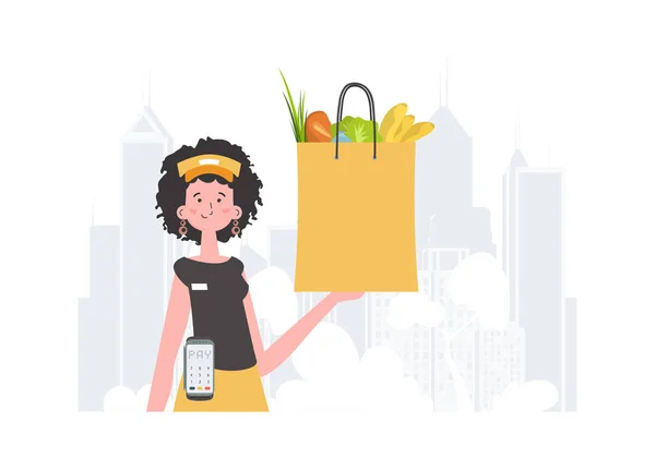 Home Delivery Concept Woman Delivers Package Products Cartoon Style Vector — Stockvektor