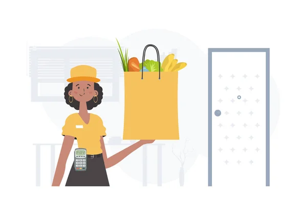 Home Delivery Concept Woman Holding Grocery Bag Trendy Style Vector — Archivo Imágenes Vectoriales