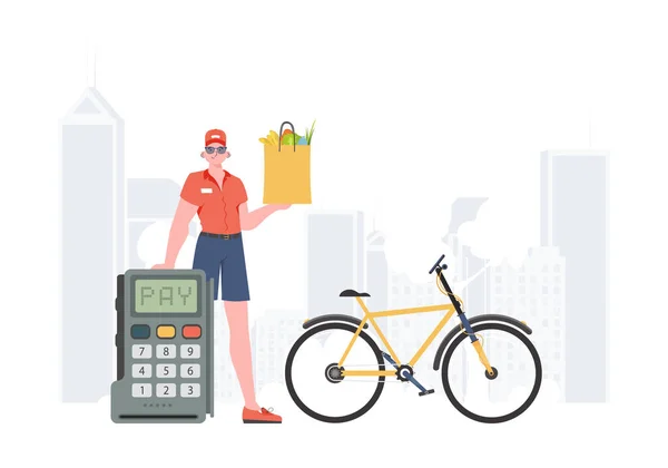 Delivery Concept Man Holding Grocery Bag Cartoon Style Vector — Stockvektor