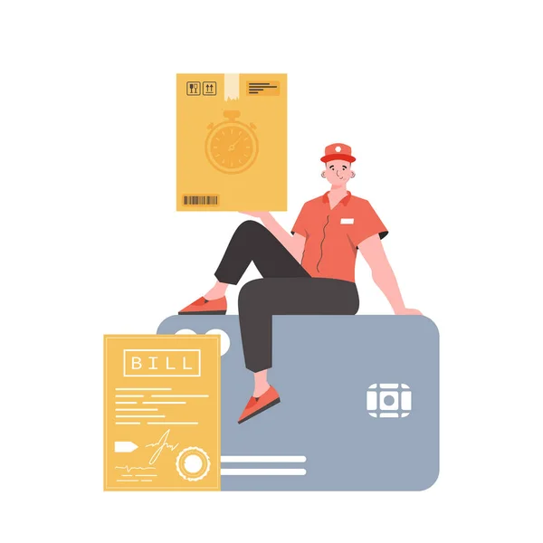 Male Courier Sits Bank Card Holds Box Home Delivery Concept — Image vectorielle