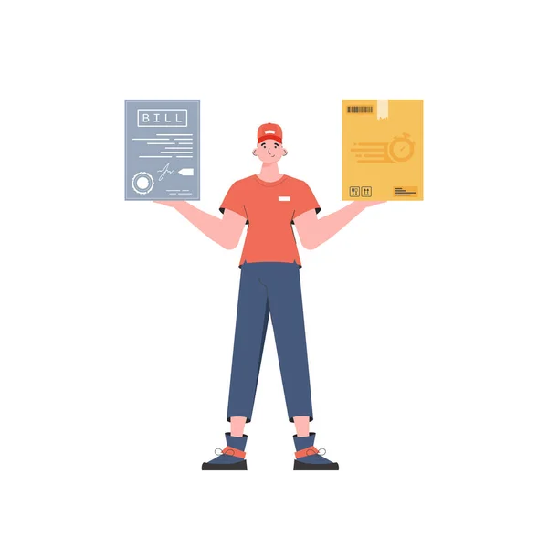 Male Courier Holds Parcel Check Home Products Food Delivery Isolated — Image vectorielle