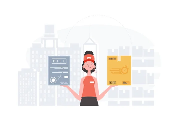 Home Delivery Concept Woman Courier Holding Parcel Check Trendy Flat — Stok Vektör