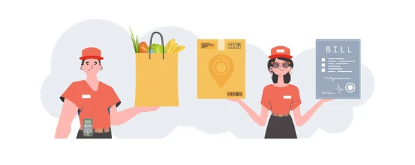 Delivery Team Ready Made Banner Theme Home Delivery Groceries Trendy — Archivo Imágenes Vectoriales