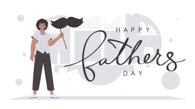 Father's day poster. A man holds a mustache on a stick. Cartoon style. Vector.