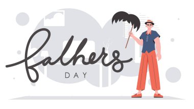 Father's day poster. The guy is holding his mustache on a stick. trendy style. Vector.